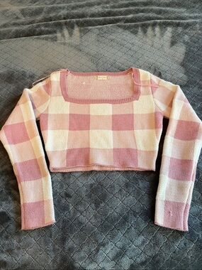 Altar’d State Pink Cream Plaid‎ Cropped Knit Sweater Women’s Small